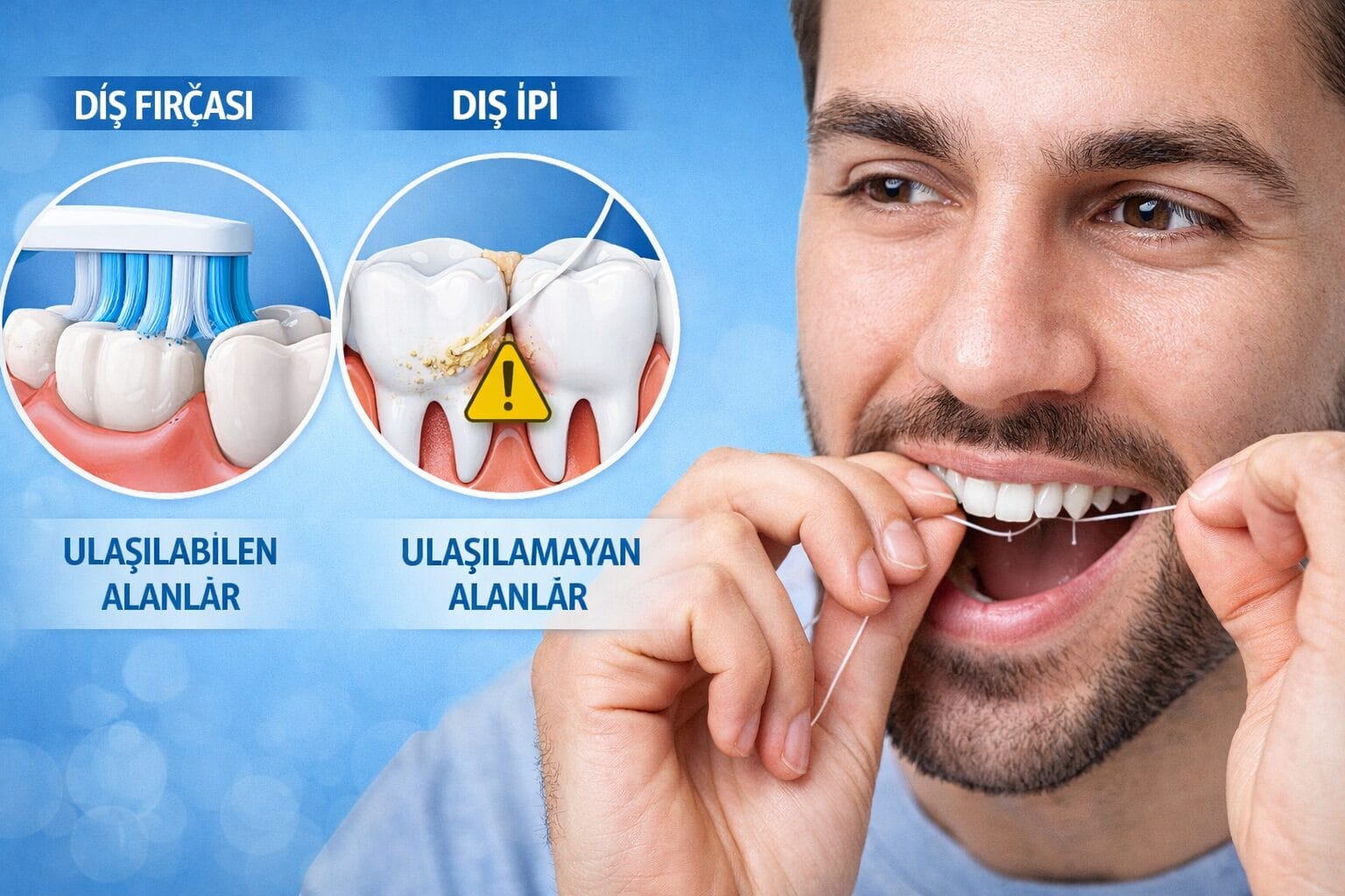 Diş fırçası ile ulaşılamayan alanların diş ipi kullanımıyla temizlenmesini gösteren karşılaştırmalı görsel