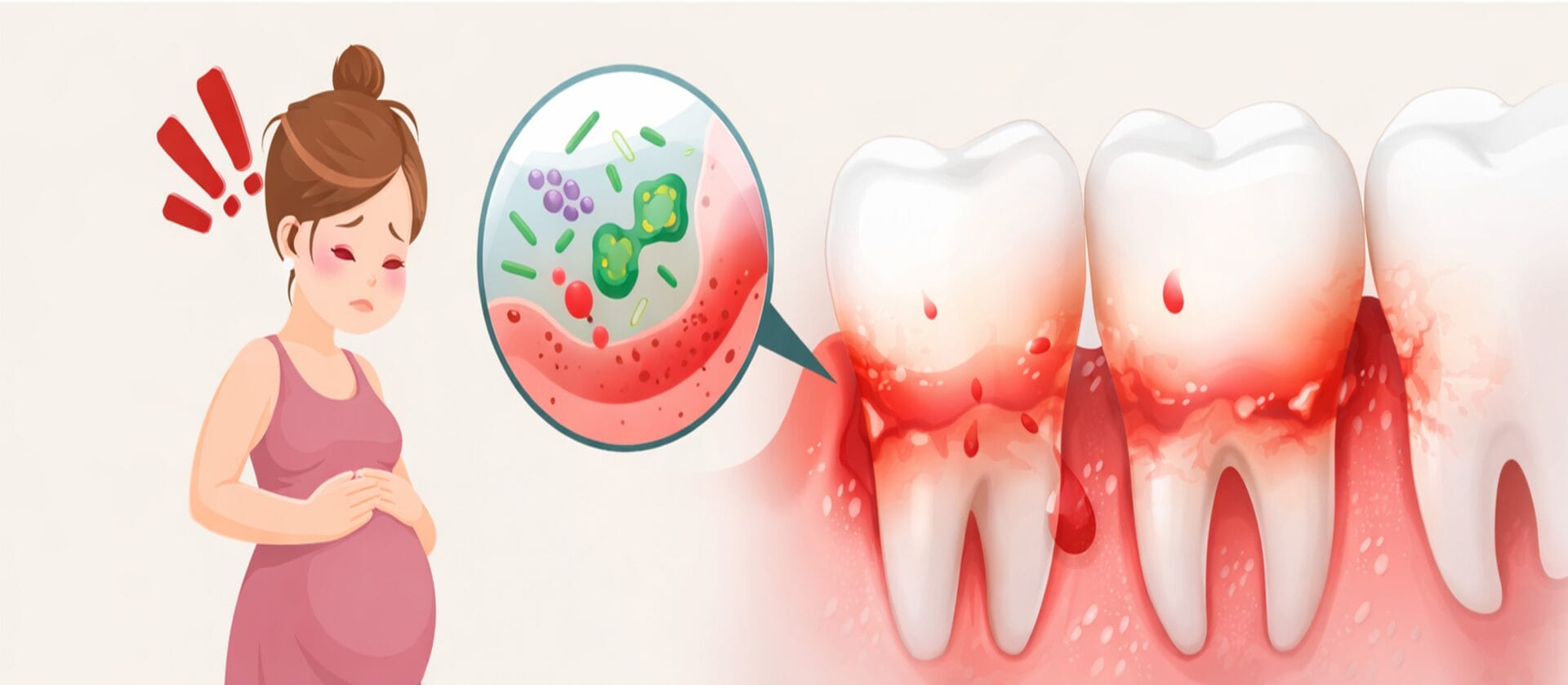 Gebelikte diş eti iltihabı ve ağız içi bakterilerin anne sağlığına etkisini gösteren illüstrasyon