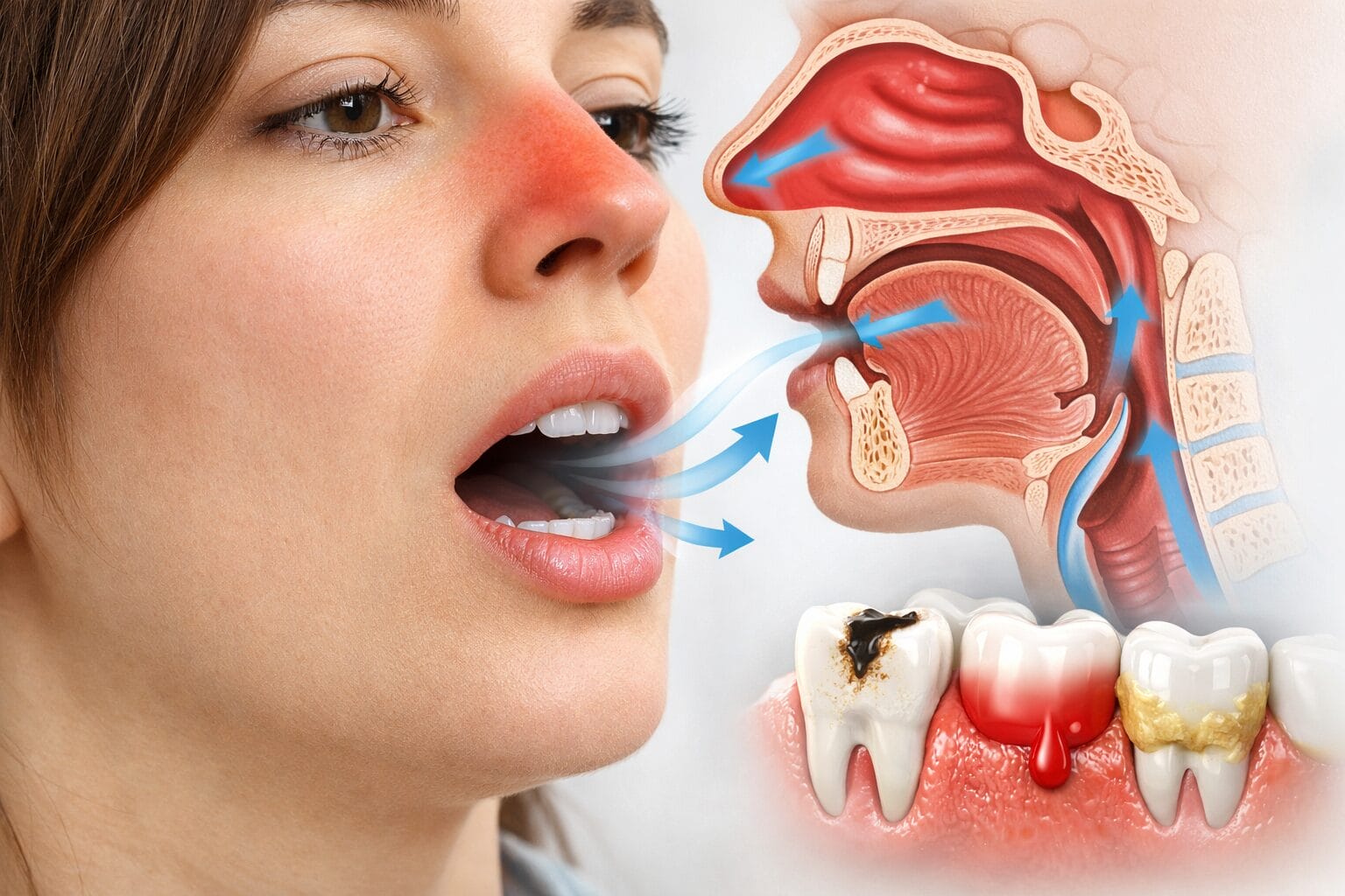 Solunum yolu rahatsızlığı yaşayan kadında ağız ve diş ağrısı